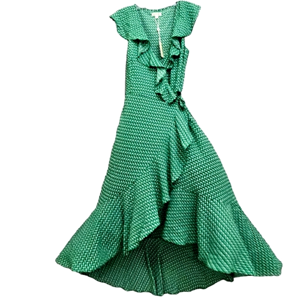 Max Studio Nwt Kelly Green/White Tulip Cap Sleeve Ruffleneck & Hem Midi Dress